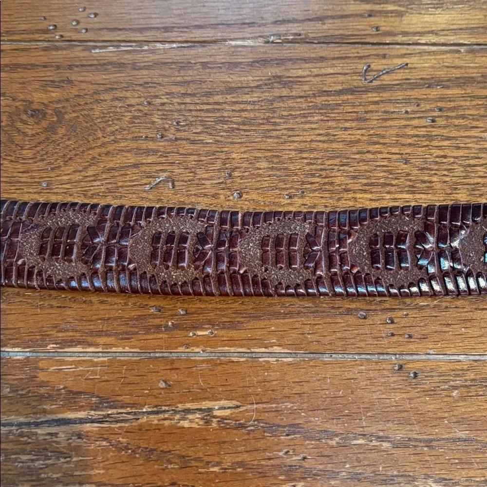 Brown Leather Woven Belt Tapered End Solid Brass Made in Italy Buckle Size 38